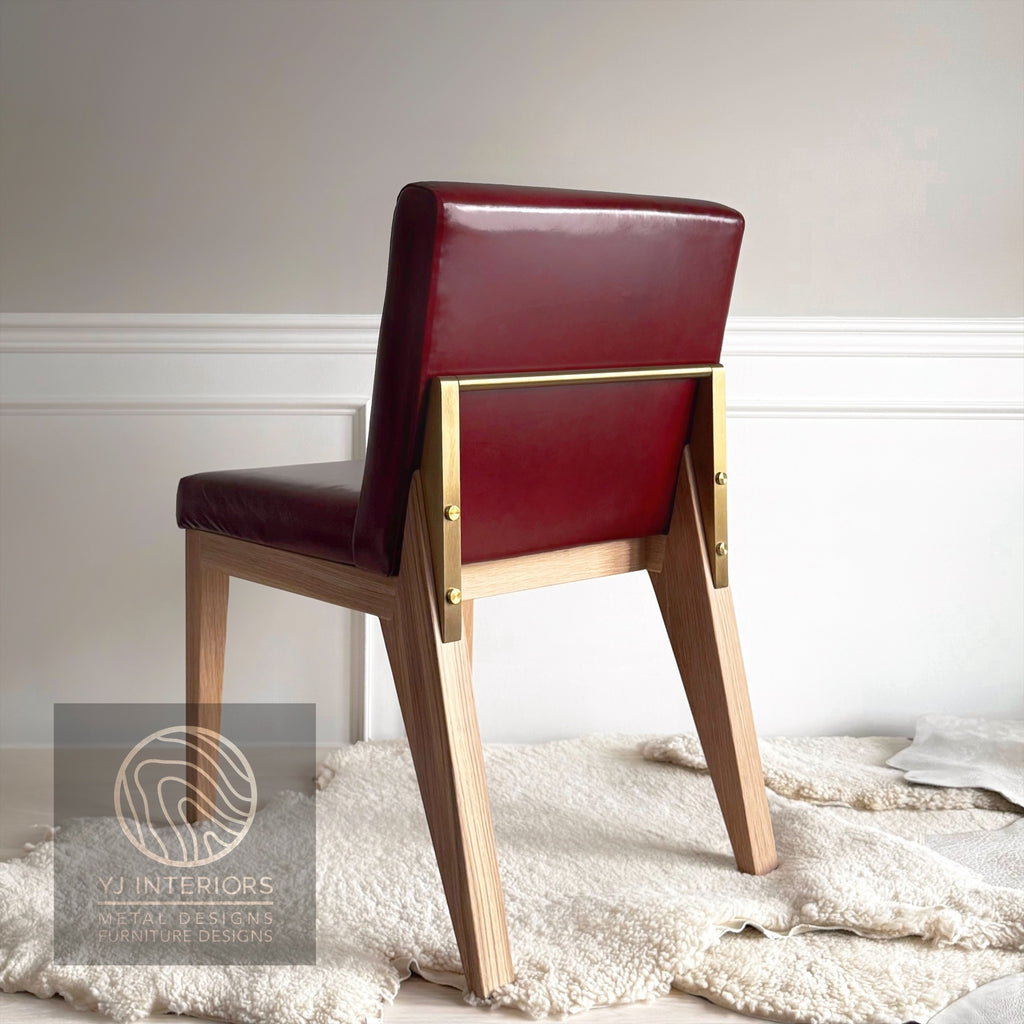 YJ Dining chair brass maroon burgundy red leather